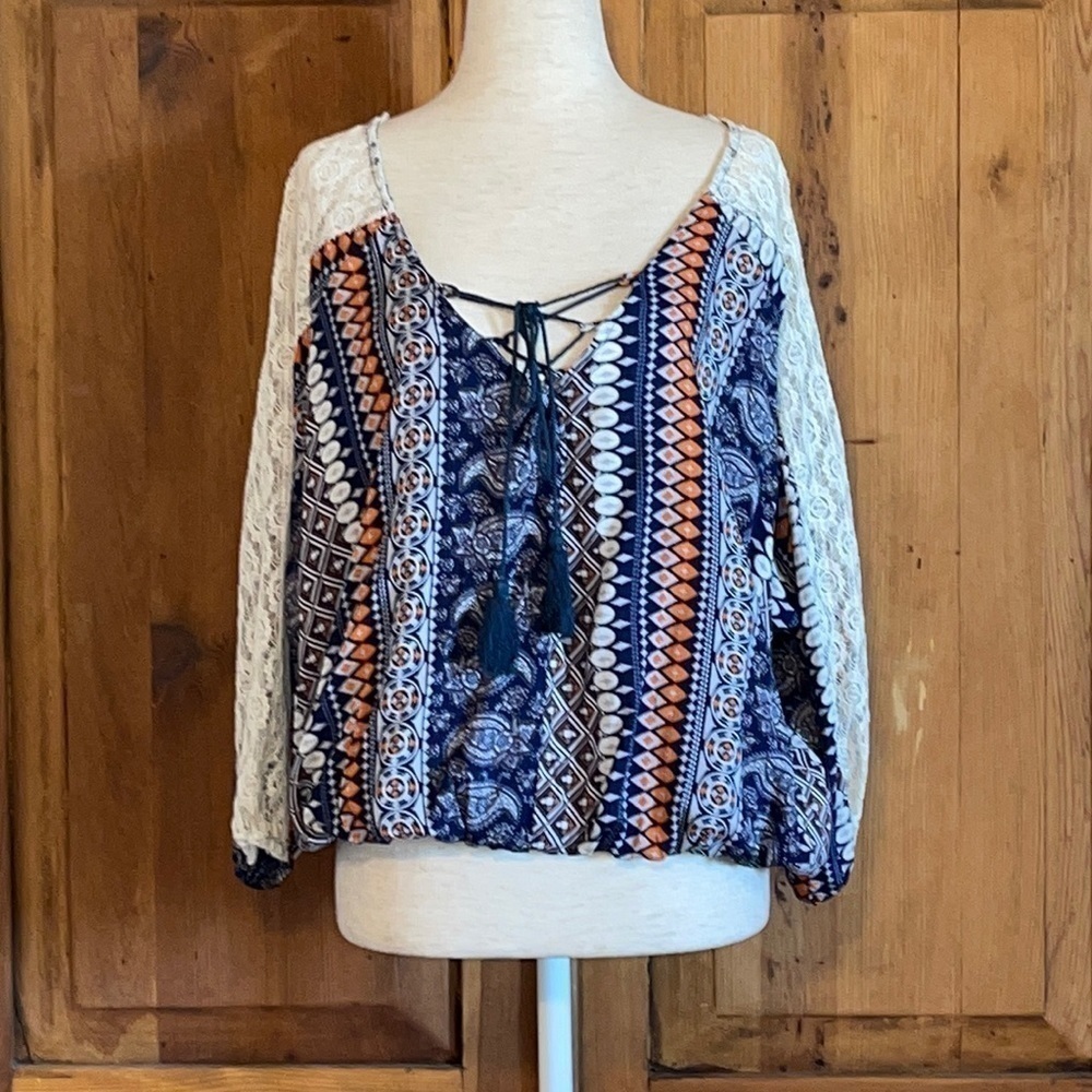 NWT Anthropologie HAZEL Blue & Orange Bohemian Style Blouse Sz. S
